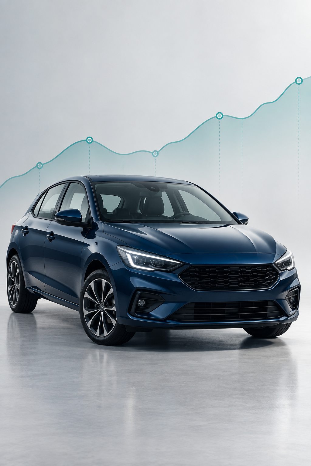 Carro usado azul diante de uma linha gráfica que representa a comparação de preço